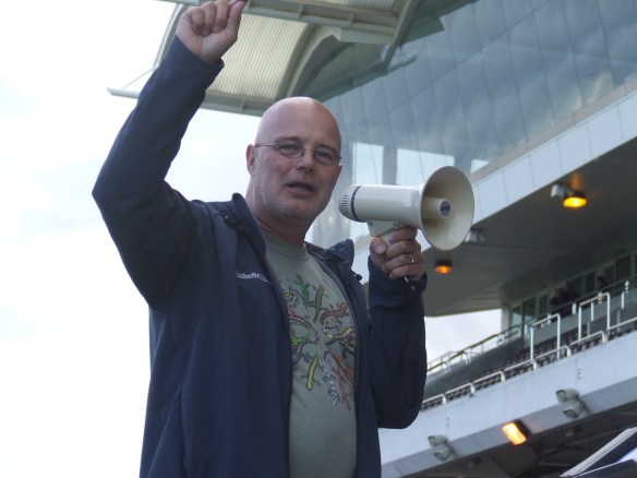 Brian McLaren makes do with a bullhorn after power failure...