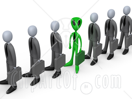 Green Alien Carrying A Briefcase And Standing In A Line Of Human Businessmen, Metaphor For Feeling Alienated Or Different Clipart Illustration Image