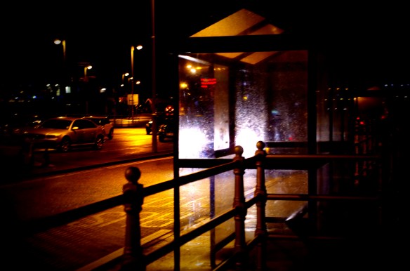 bus, bus stop, night